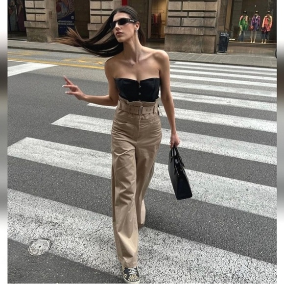 Zara Wide Leg Belted Full Length Gabardine Pants Khaki - Picture 5 of 11